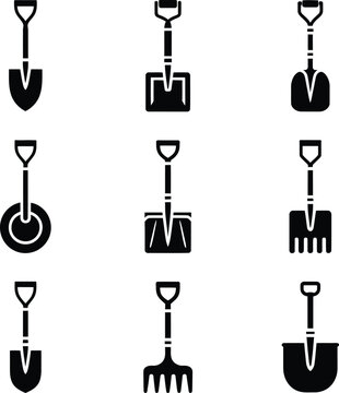 Set of nine black shovel and garden tool silhouette icons isolated on white background