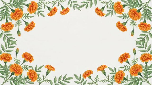 Vibrant orange marigold flowers and green leaves create a beautiful floral frame on a white background, perfect for invitations or greeting cards.