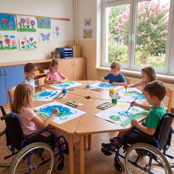 Diverse group of children painting together in a classroom with studen