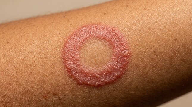 Macro close-up of a circular red rash on human skin, symptomatic of ringworm, tinea corporis, or a fungal infection.