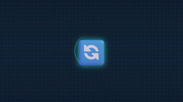 Blue refresh icon on digital grid background with glowing effect