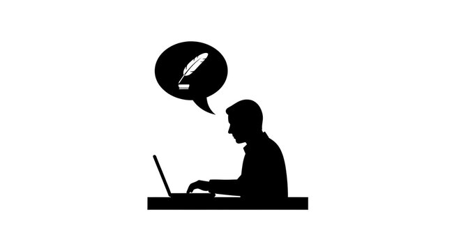 Black silhouette of a man writing on a laptop with a quill pen icon in a speech bubble.