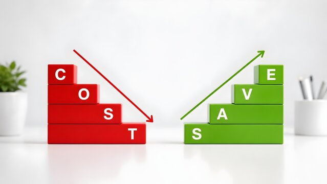 Cost Reduction And Savings Growth Staircase Concept With Red And Green Blocks