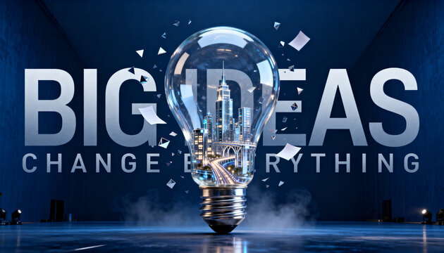 Spectacular translucent light bulb containing a miniature glass and chrome city, surrounded by suspended paper fragments in a dark cobalt studio, with dramatic lighting and bold BIG IDEAS typography.