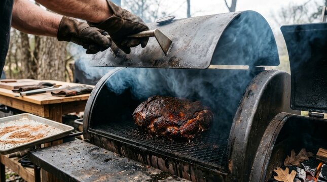 Person wearing leather gloves opening a metal smoker grill with meat