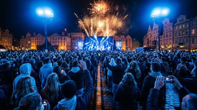 Vibrant evening concert celebration featuring dazzling fireworks over a historic city square full of joyful people