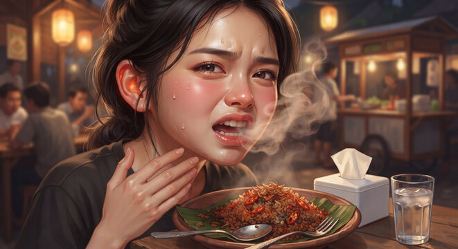 Close up of sweating Asian woman showing spicy reaction while eating fried rice