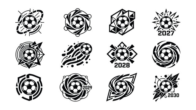 Creative soccer themed abstract logos with futuristic geometric designs and year numbers