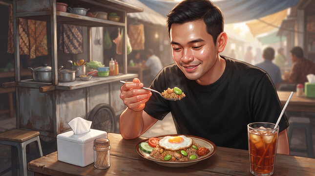 Smiling Asian man eating traditional fried rice with petai beans at street food stall