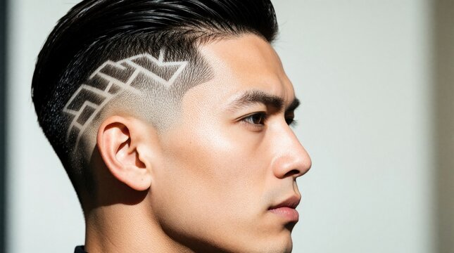 Close up profile of young Asian man with unique geometric hair design. Trendy undercut hairstyle with shaved pattern on side of head. Male model shows creative barber art, modern hair grooming style