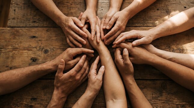 Group of diverse people putting their hands together on a rustic wooden table