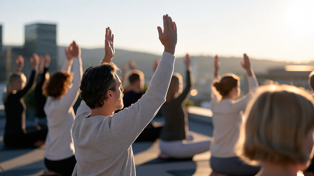 Norwegian parliament members gathered on rooftop terrace doing group yoga session at sunrise, formal attire abandoned for sportswear, ministerial wellness program, legislative