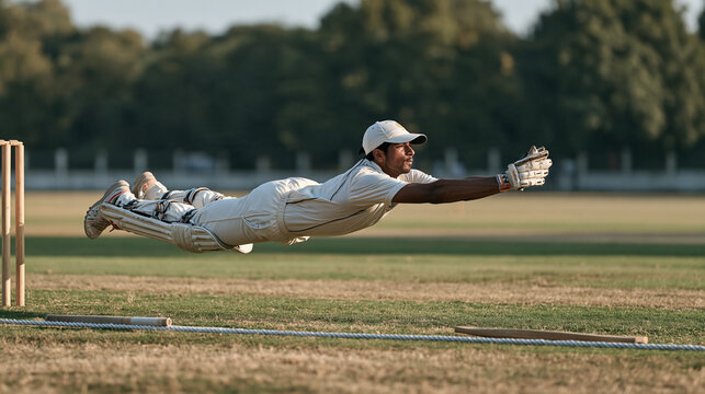 Young Indian cricketer diving full stretch to complete boundary catch at junior national championship, white flannels, green outfield, bat beside boundary rope, fielding athletic