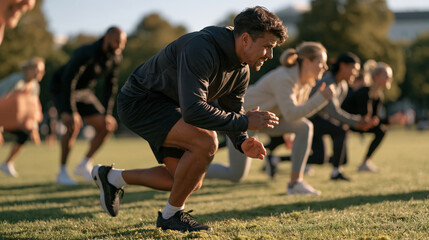 Fototapeta premium Morning boot camp group doing sprints on a wet grass field at a city park, diverse adult participants, personal trainer leading from the front, high-intensity interval training,
