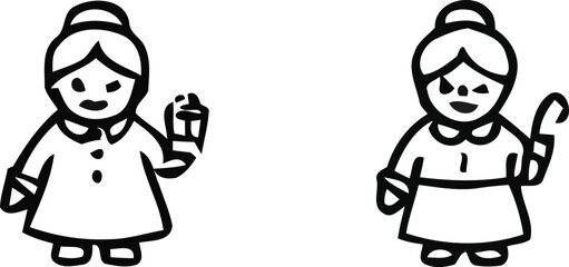 Naklejka premium Two stylized black and white line art illustrations of elderly women characters