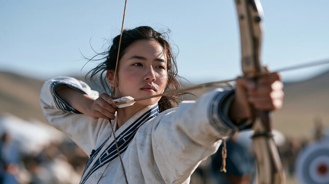 Mongolian female archer competing at traditional festival, drawing composite bow in deel garment, distant target on grassland, nomadic archery competition, cultural heritage