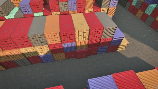Aerial view of Heavy logistics storage facility, top view perspective in shipping container yard. 3d animation.