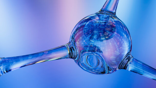 Glass molecular ball and stick model with colored lighting