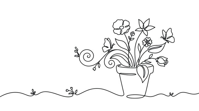 Premium one line drawing of a potted plant with various flowers, leaves, and butterflies, minimalist garden art