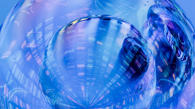 Blue transparent bubbles with iridescent light reflections