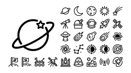 Space Icons Set: A collection of flat line icons representing celestial bodies, spacecraft, and astronomical equipment, including planets, stars, moon, sun, rockets, satellites, and astronauts. © Rafiq