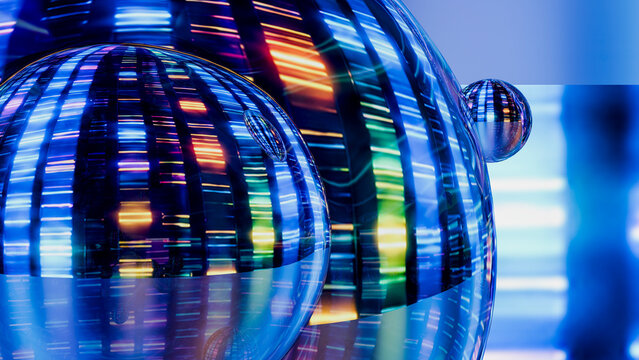 Glass spheres with colorful light reflections and abstract patterns