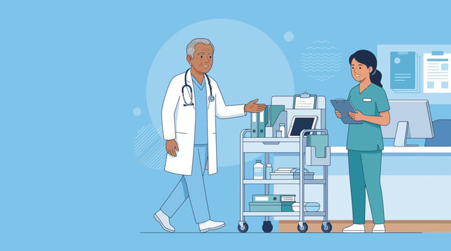 Doctor and Nurse in Hospital with Medical Cart, Healthcare Illustration