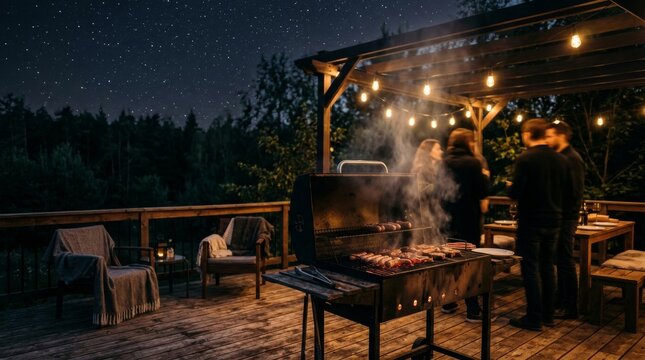 Outdoor nighttime barbecue party on wooden patio under starry sky with warm lights