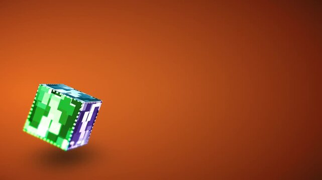 10s seamless loop of a 3D cube made of colorful blocks with a pixelated mosaic pattern. Slow rotation on a warm orange gradient. Minimal background for tech, creative and energy projects