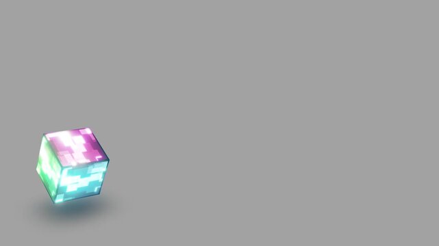 10s seamless loop of a 3D cube with glowing pixelated mosaic pattern. Slow rotation on a clean grey gradient. Minimal background for corporate, tech and business projects