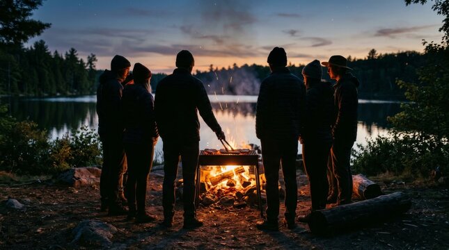Friends gathering around a campfire cooking food by a calm lake at dusk