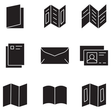 Minimalist brochure and document icon set, 9 black vector symbols for marketing and business stationery, corporate identity print collateral