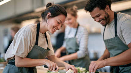 Fototapeta premium Young adults in a community kitchen attending a healthy cooking workshop led by a nutritionist instructor, hands-on chopping vegetables, group learning, dietary education,