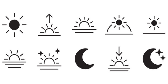 Minimalist sun and moon icon set, 10 black vector line symbols for day and night, weather and time of day interface elements