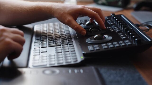 Hands operate color grading control panel and keyboard in creative workspace