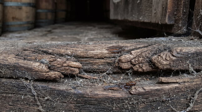 Close up of a rotting wooden door threshold covered in thick cobwebs and dust inside an abandoned winery cellar with blurred barrels in the background