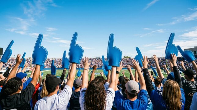 Enthusiastic sports fans cheering with blue foam fingers at stadium