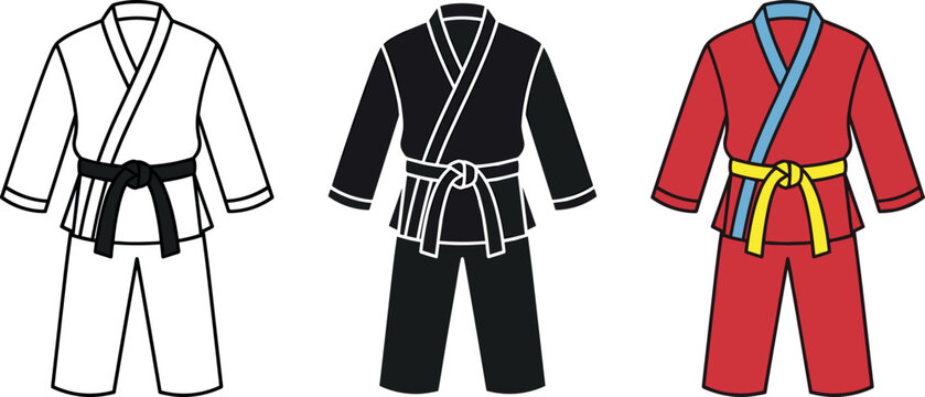 Set of martial arts uniforms, karate gis, judo outfits, and combat sport apparel icons vector illustration