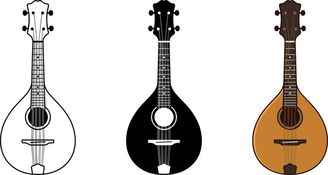 Set of mandolins, acoustic string instruments, folk music symbols, and musical instrument icons vector illustration