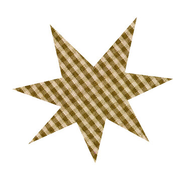 Antique Brown Gingham Fabric Star Isolated on Transparent Background. Cutout autumn scrapbook sticker with check texture for journal and collage design