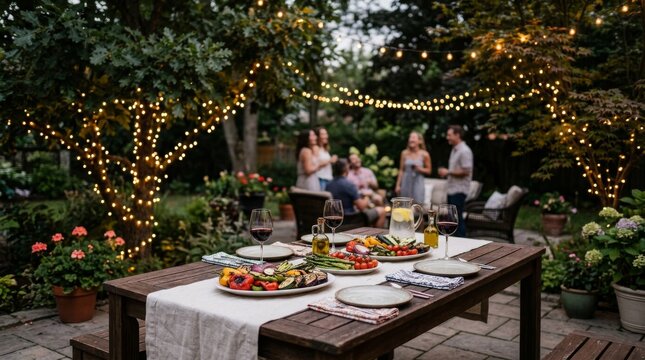 Garden dinner party with rustic wooden table and glowing fairy lights