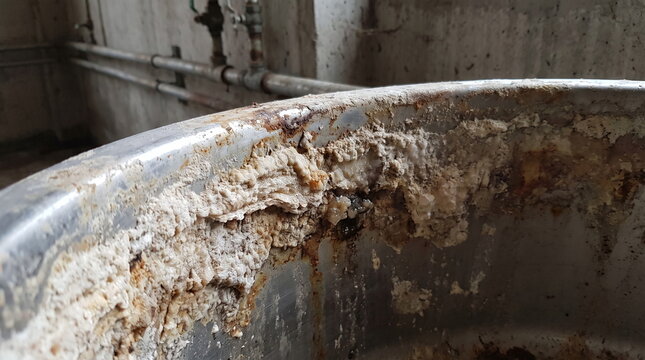 Close up of thick dried residue and rust on the rim of a metal fermentation tank in an abandoned winery