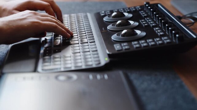 Hands operate keyboard and color grading control panel in creative workspace