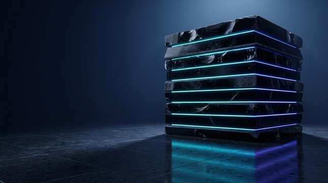 Futuristic architectural monolith of stacked black obsidian plates with neon cyan glowing lines on basalt floor, cybersecurity fortress and cloud data protection concept with copy space