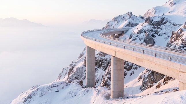 Modern curved concrete viaduct on snowy alpine mountain ridge above fog at sunrise, winter road trip to ski resort and automotive travel infrastructure concept with copy space