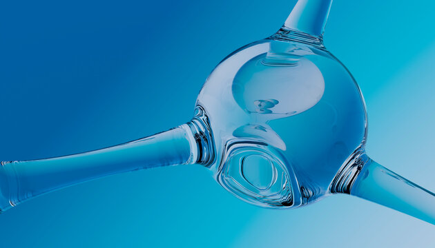 Model of a glass molecule structure with transparent elements on blue