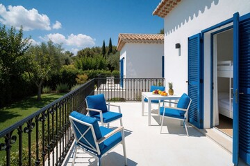 Obraz premium Modern studio apartment with blue terrace furniture on white balcony. Outdoor patio features white table, blue chairs, fruit bowl in sunny garden. View of villa backyard, green trees under blue sky