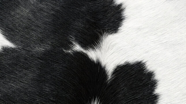 Cowhide texture background, black and white cow print fur pattern, natural animal skin hair close-up