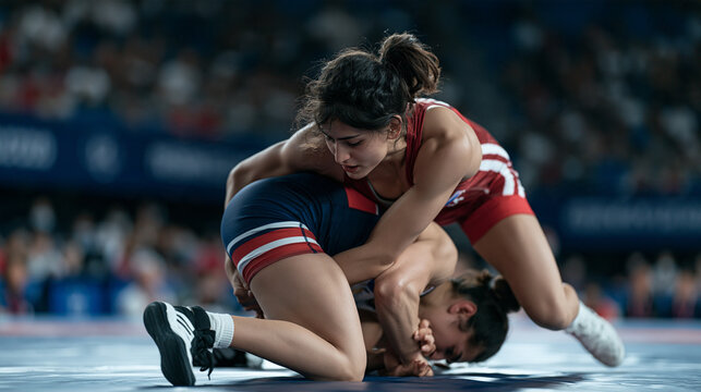 Armenian female wrestler completing takedown at world qualification tournament, low penetration step, opponent bridging on mat, female grappling sport, freestyle wrestling