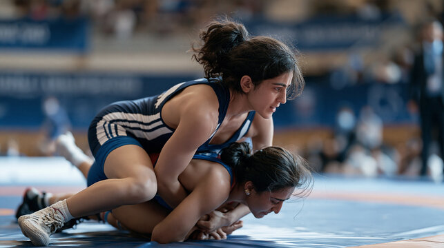 Armenian female wrestler completing takedown at world qualification tournament, low penetration step, opponent bridging on mat, female grappling sport, freestyle wrestling